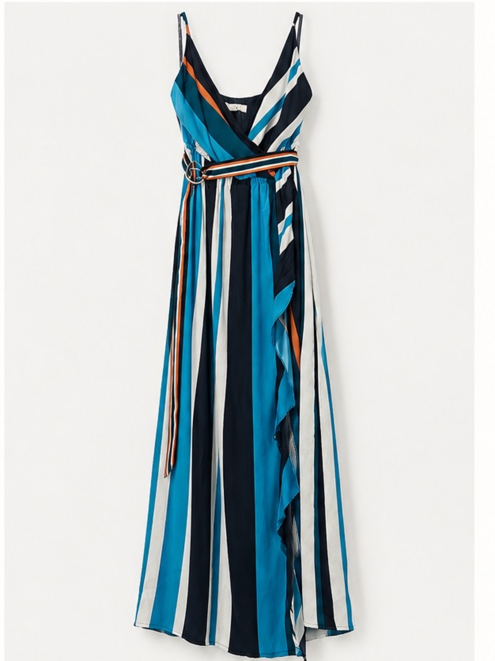 LOFT Teal Navy White Striped Midi Wrap Dress